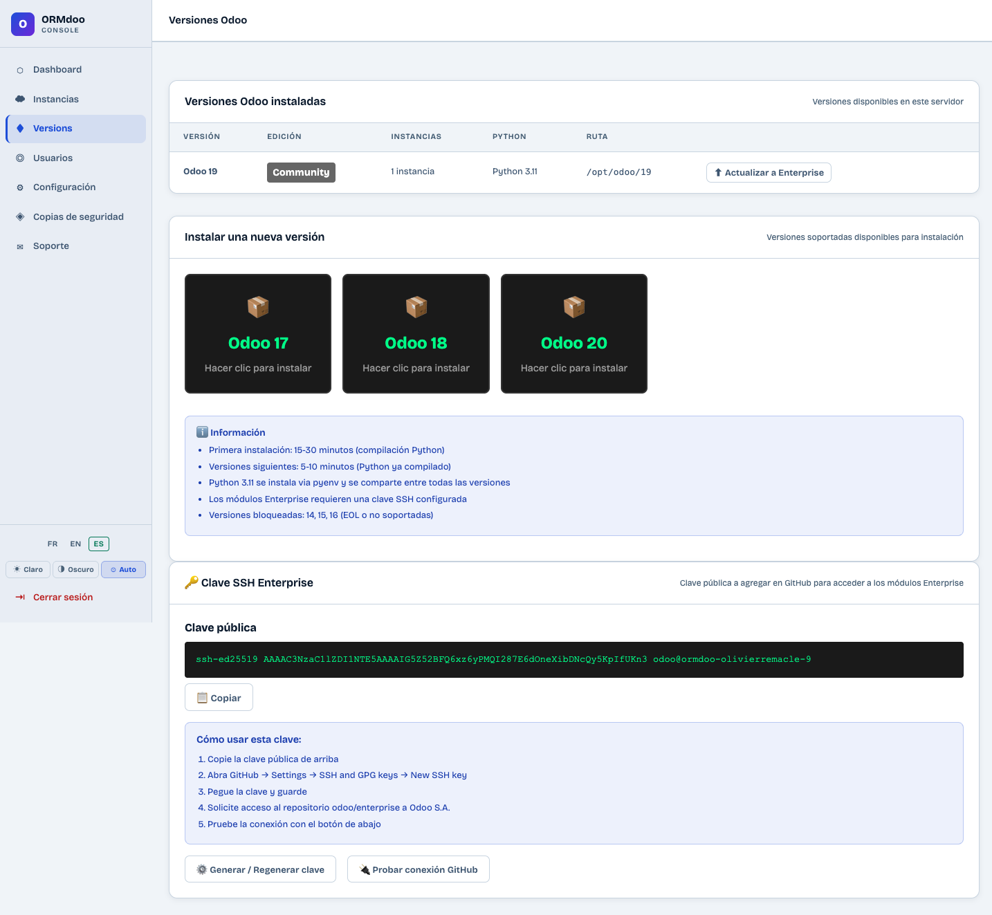 Versiones de Odoo instaladas